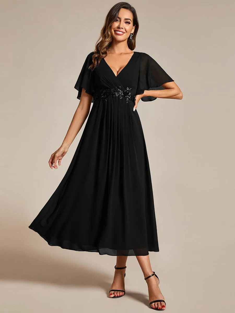 ever DAHLIA|Short Sleeves V-Neck Tea Length Wedding Guest Dress with Floral Applique sold by Ever Pretty product image thumbnail 3