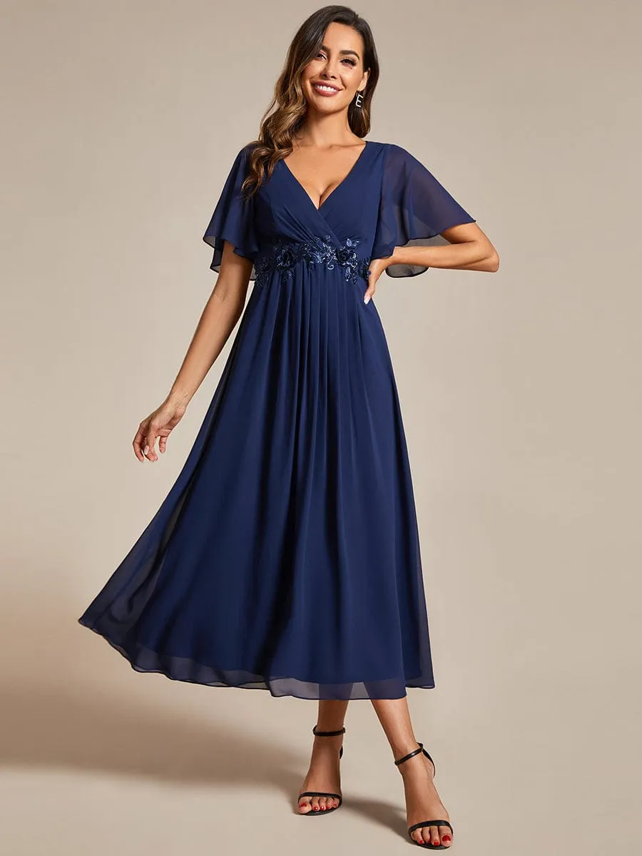 ever DAHLIA|Short Sleeves V-Neck Tea Length Wedding Guest Dress with Floral Applique sold by Ever Pretty product image thumbnail 5