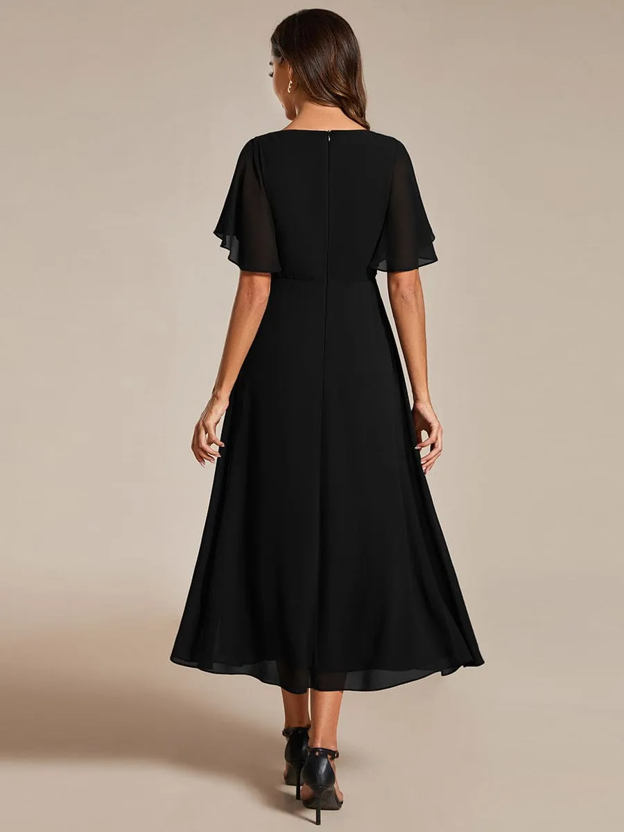 ever DAHLIA|Short Sleeves V-Neck Tea Length Wedding Guest Dress with Floral Applique sold by Ever Pretty product image thumbnail 4