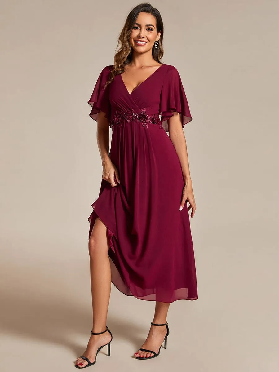 ever DAHLIA|Short Sleeves V-Neck Tea Length Wedding Guest Dress with Floral Applique sold by Ever Pretty