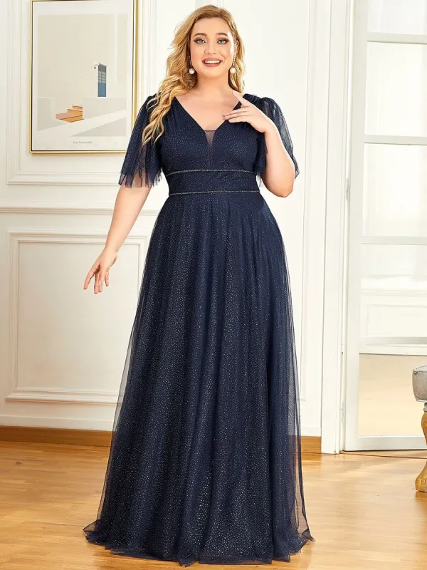 Plus Size V Neck Tulle Formal Evening Dress with Ruffle Sleeves sold by Ever Pretty