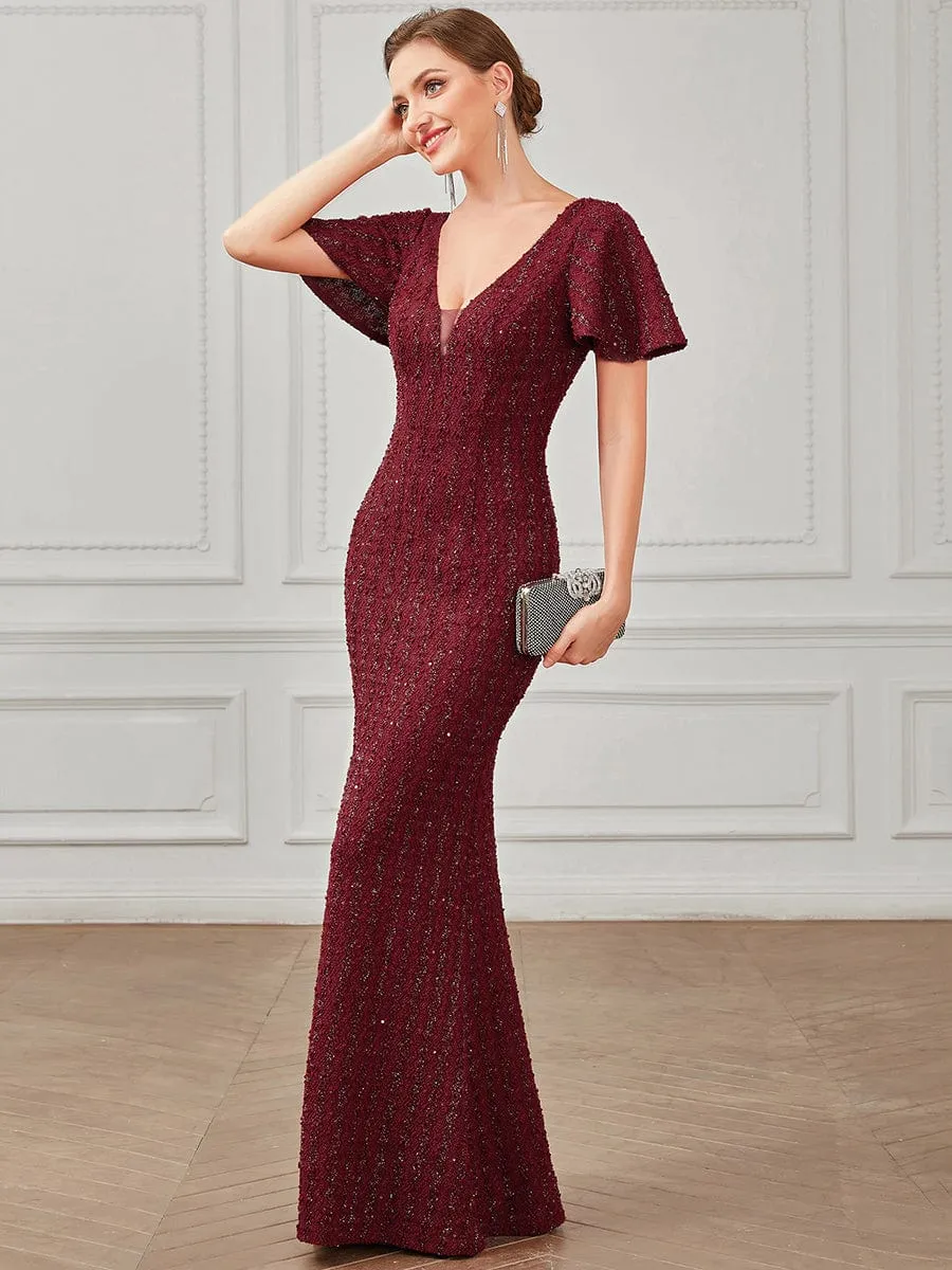 V-Neck Short Sleeve Sequin Striped Floor-Length Bodycon Evening Dress sold by Ever Pretty product image thumbnail 4