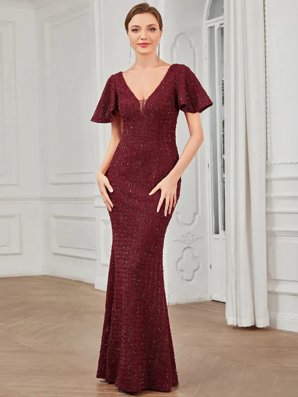 V-Neck Short Sleeve Sequin Striped Floor-Length Bodycon Evening Dress sold by Ever Pretty