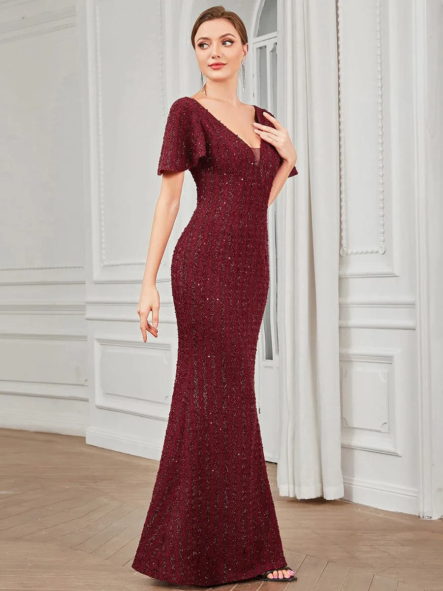 V-Neck Short Sleeve Sequin Striped Floor-Length Bodycon Evening Dress sold by Ever Pretty product image thumbnail 5