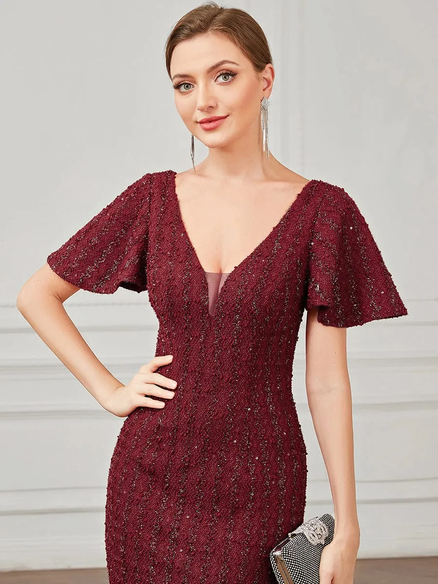 V-Neck Short Sleeve Sequin Striped Floor-Length Bodycon Evening Dress sold by Ever Pretty product image thumbnail 3