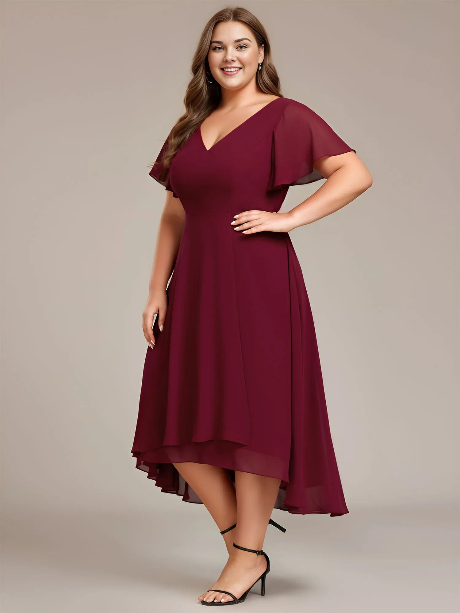 pretty AALIA|Plus Size Flowing Chiffon V-Neck Ruffle Sleeves Wedding Guest Dress sold by Ever Pretty product image thumbnail 4