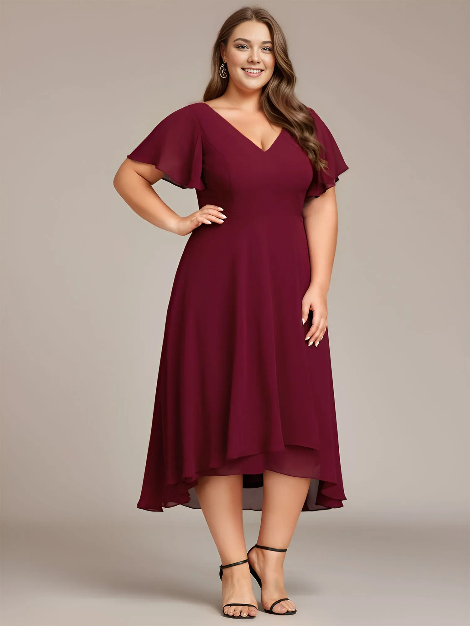 pretty AALIA|Plus Size Flowing Chiffon V-Neck Ruffle Sleeves Wedding Guest Dress sold by Ever Pretty product image thumbnail 5
