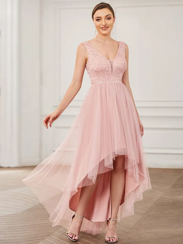 Lace Sleeveless V-Neck Backless High Low Bridesmaid Dress sold by Ever Pretty