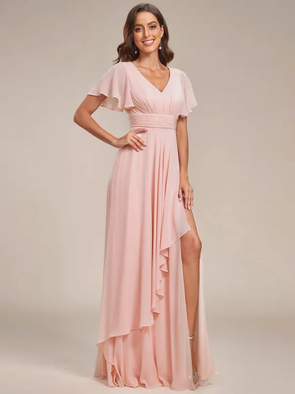 Ruffles Sleeve High Slit with Louts Leaf Chiffon Evening Dress sold by Ever Pretty