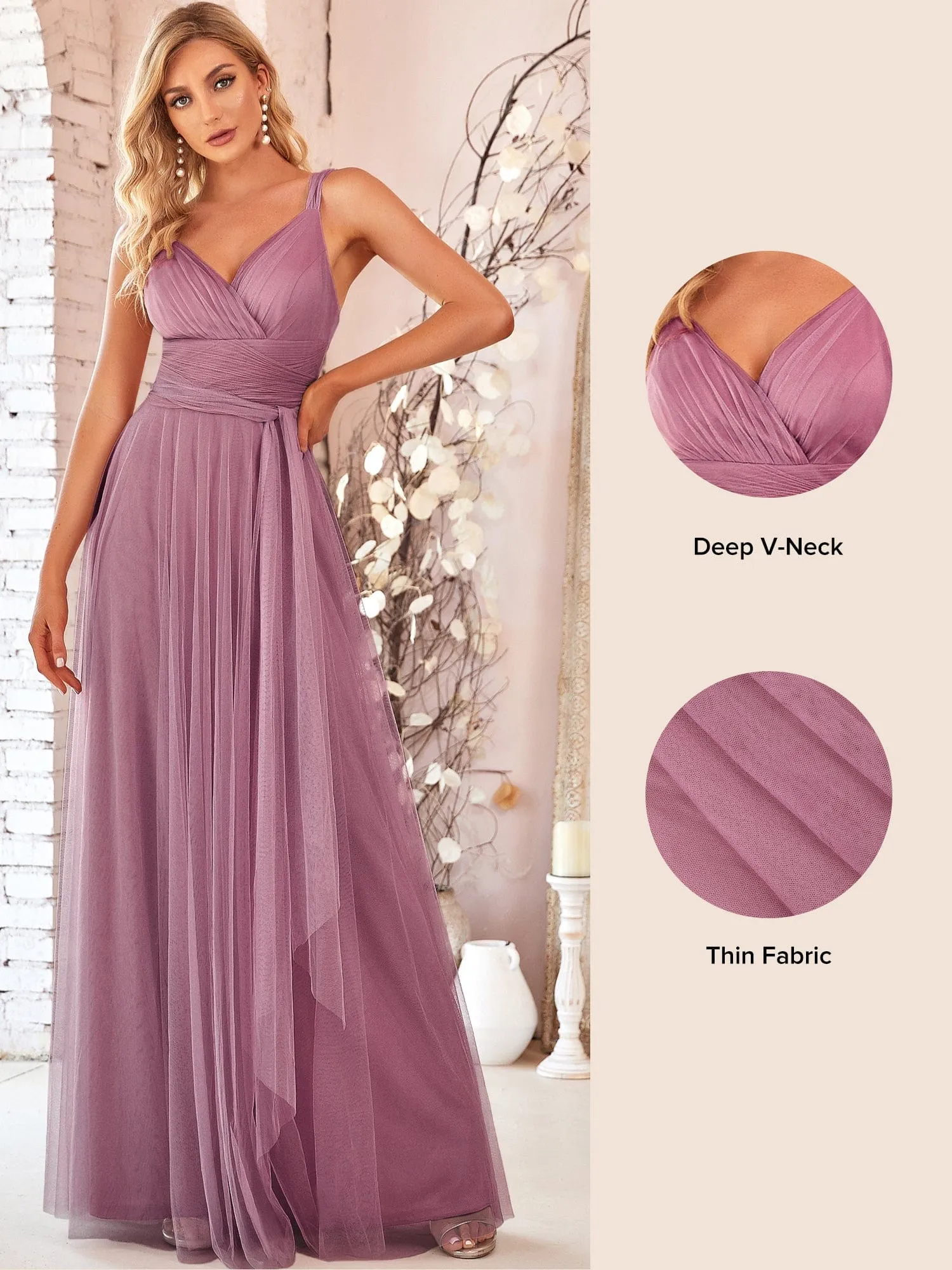 Floor Length Double V Neck Tulle Bridesmaid Dresses sold by Ever Pretty product image thumbnail 3