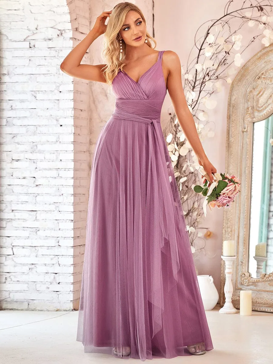 Floor Length Double V Neck Tulle Bridesmaid Dresses sold by Ever Pretty