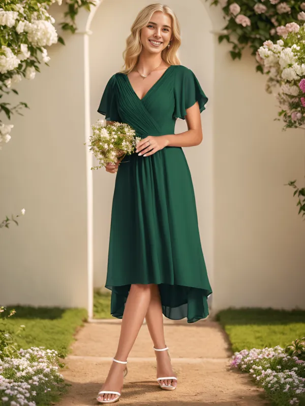 ever FAYE|Custom Size Chic V Neck Asymmetrical Hem Ruffles Sleeve Pleated Chiffon Wedding Guest Dress sold by Ever Pretty
