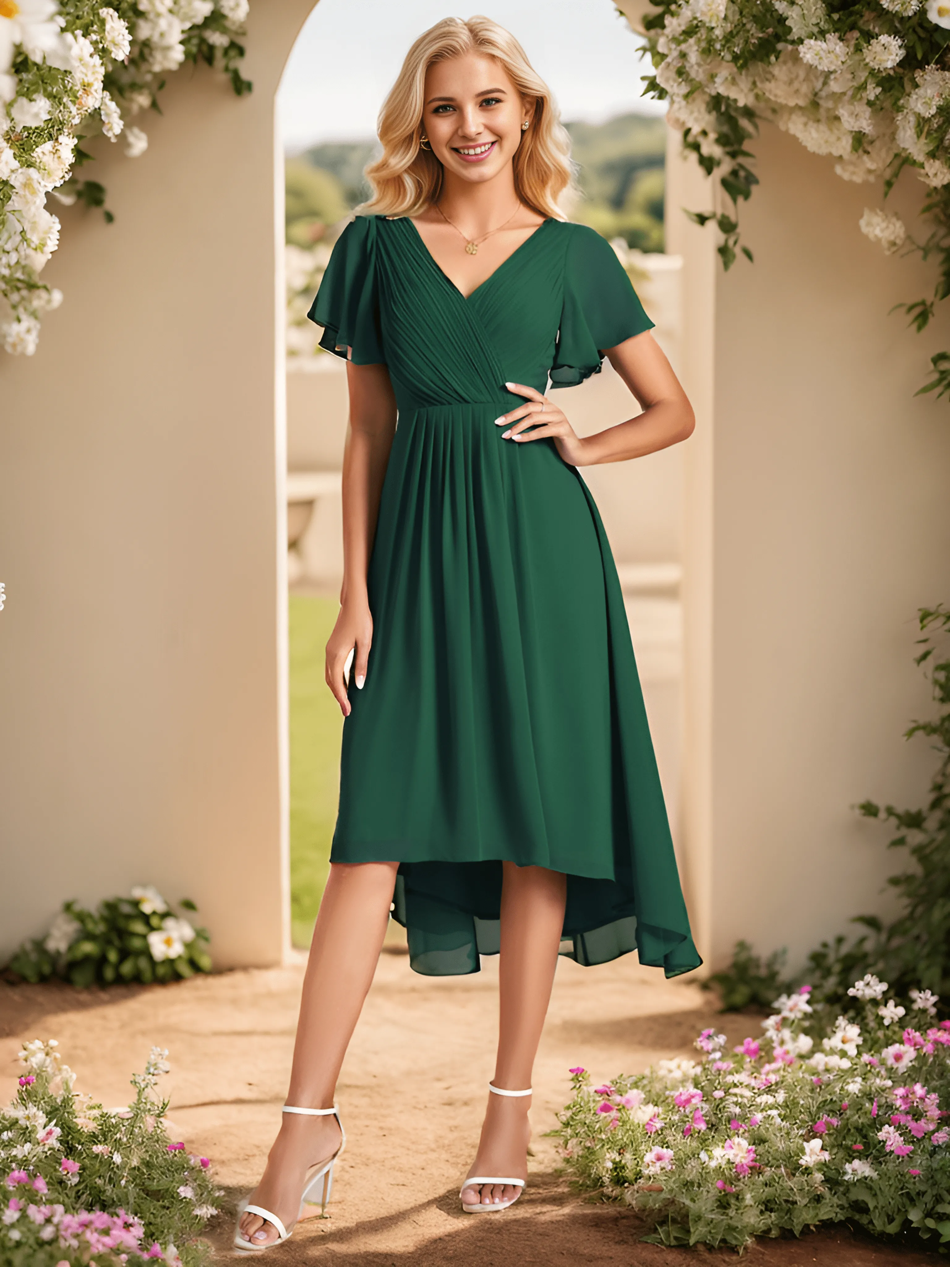 ever FAYE|Custom Size Chic V Neck Asymmetrical Hem Ruffles Sleeve Pleated Chiffon Wedding Guest Dress sold by Ever Pretty product image thumbnail 5
