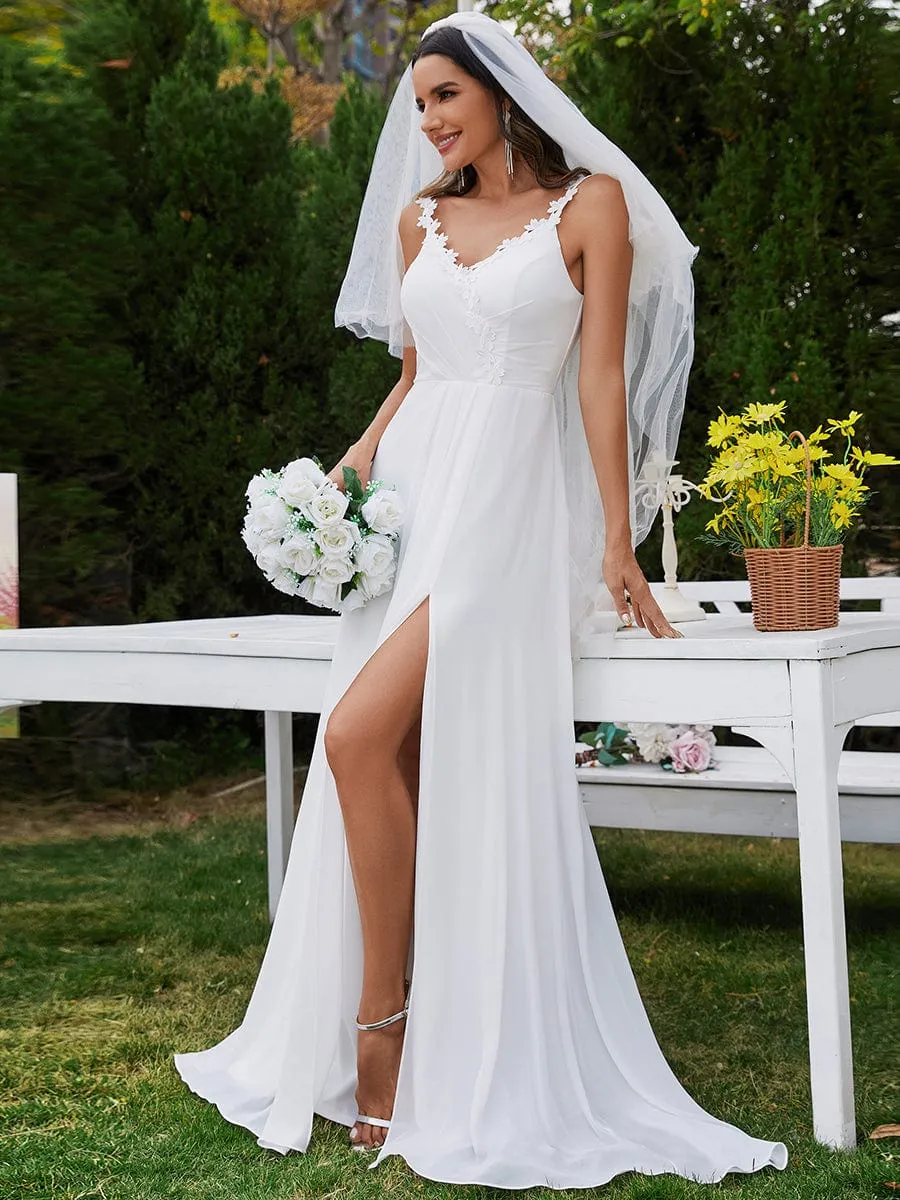 BALIENNE'S BRIDE|Printed Shoulder Straps V-Neck Chiffon High-Slit Wedding Dress sold by Ever Pretty product image thumbnail 4