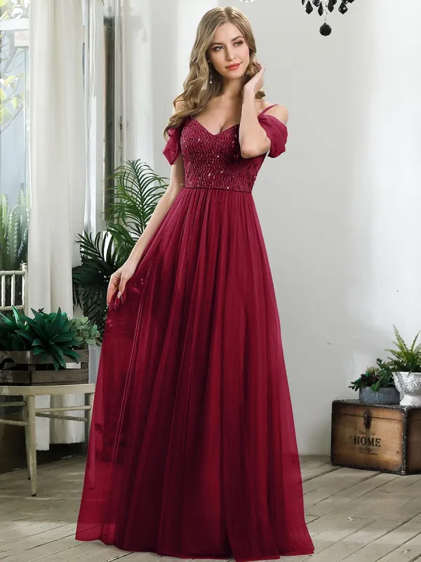 Sequin Bodice Cold Shoulder Floor Length Tulle Bridesmaid Dress sold by Ever Pretty