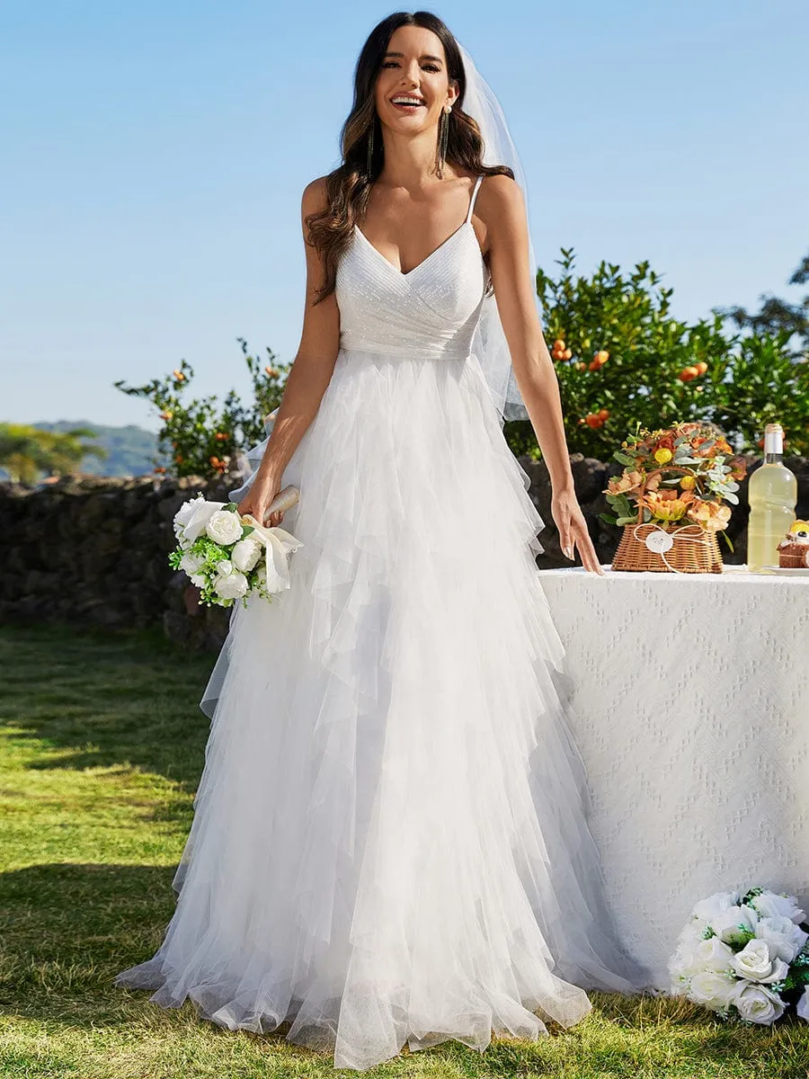 Custom Size Sparkling V-Neck Spaghetti Straps Tiered Tulle Wedding Dress sold by Ever Pretty product image thumbnail 3