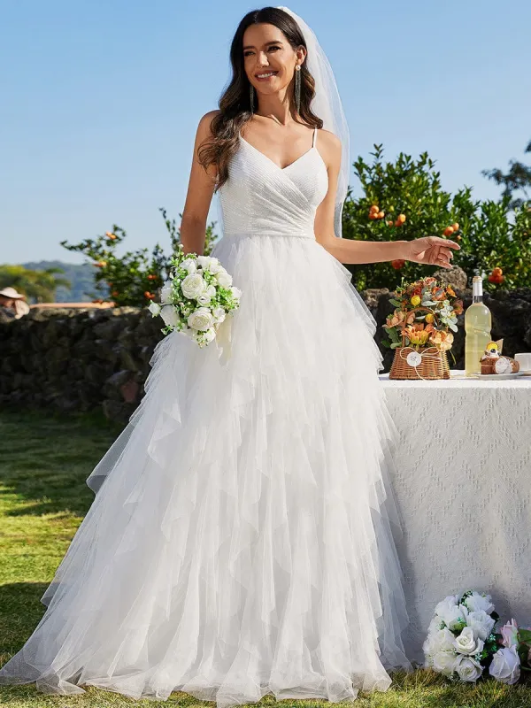Custom Size Sparkling V-Neck Spaghetti Straps Tiered Tulle Wedding Dress sold by Ever Pretty