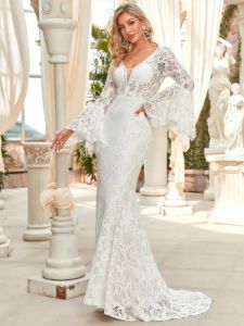 All-Over Lace Bell Sleeve Fishtail Wedding Dress sold by Ever Pretty