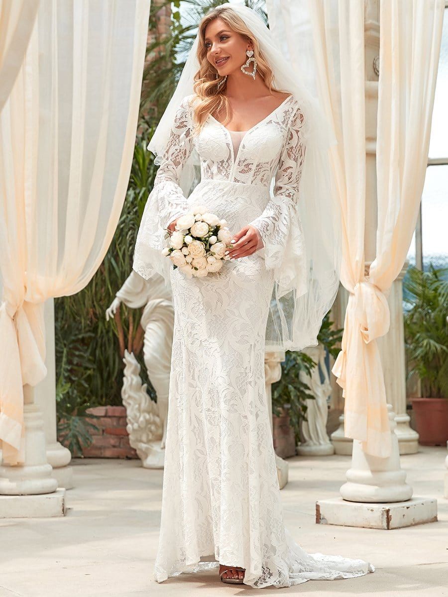 All-Over Lace Bell Sleeve Fishtail Wedding Dress sold by Ever Pretty product image thumbnail 6
