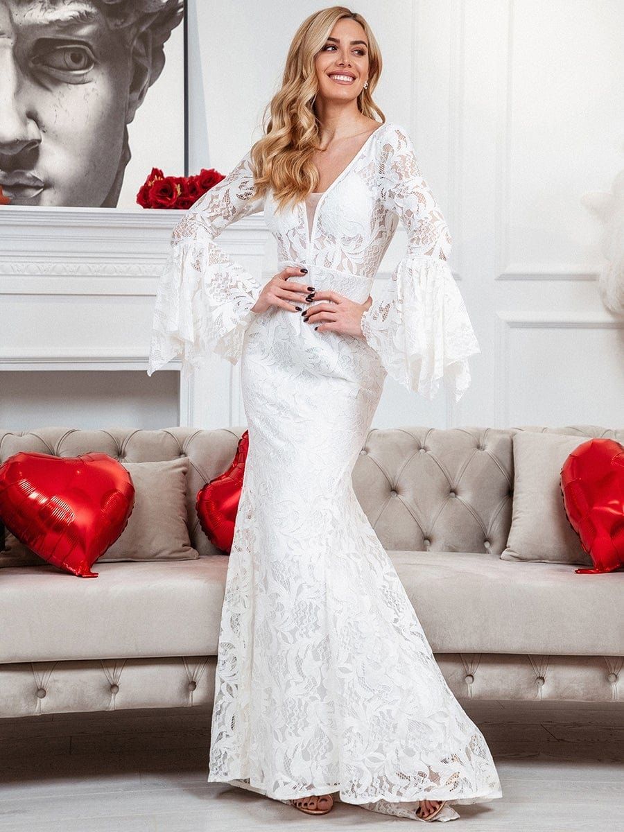All-Over Lace Bell Sleeve Fishtail Wedding Dress sold by Ever Pretty