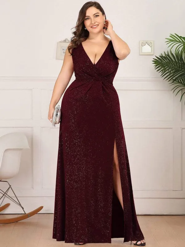 Custom Size Glittery Side Split Deep V-Neck Evening Dress sold by Ever Pretty