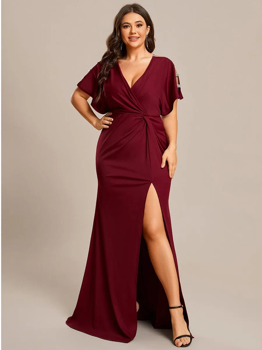 pretty LYN|Plus Size Sequin Sleeve High Slit Evening Dress with Pleated sold by Ever Pretty product image thumbnail 3