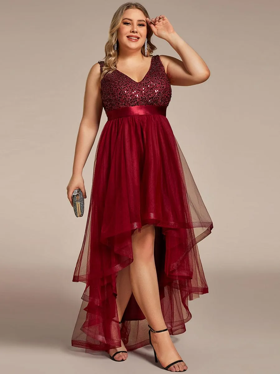 pretty CALLIE|Plus Size Sleeveless Sequin Ribbon Waist Tulle High Low Evening Dress sold by Ever Pretty product image thumbnail 3
