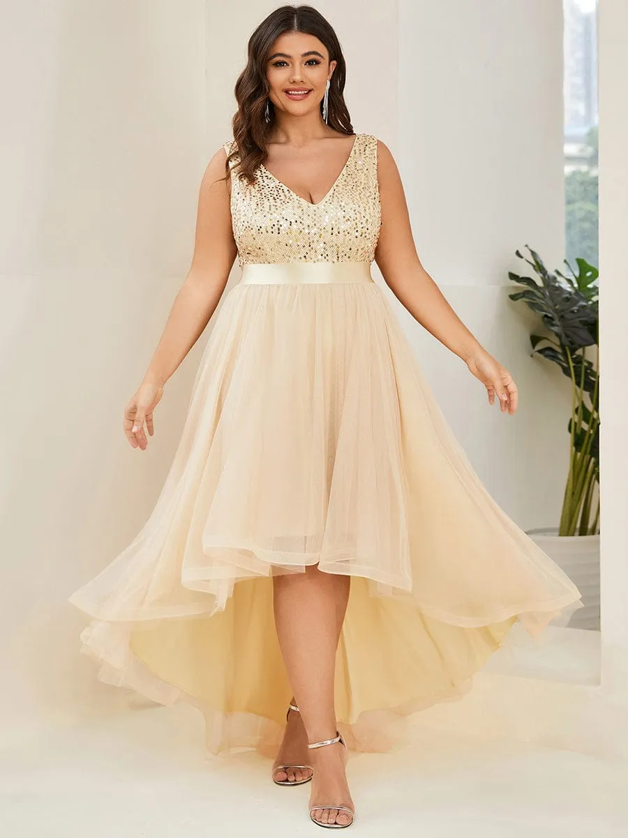 pretty CALLIE|Plus Size Sleeveless Sequin Ribbon Waist Tulle High Low Evening Dress sold by Ever Pretty