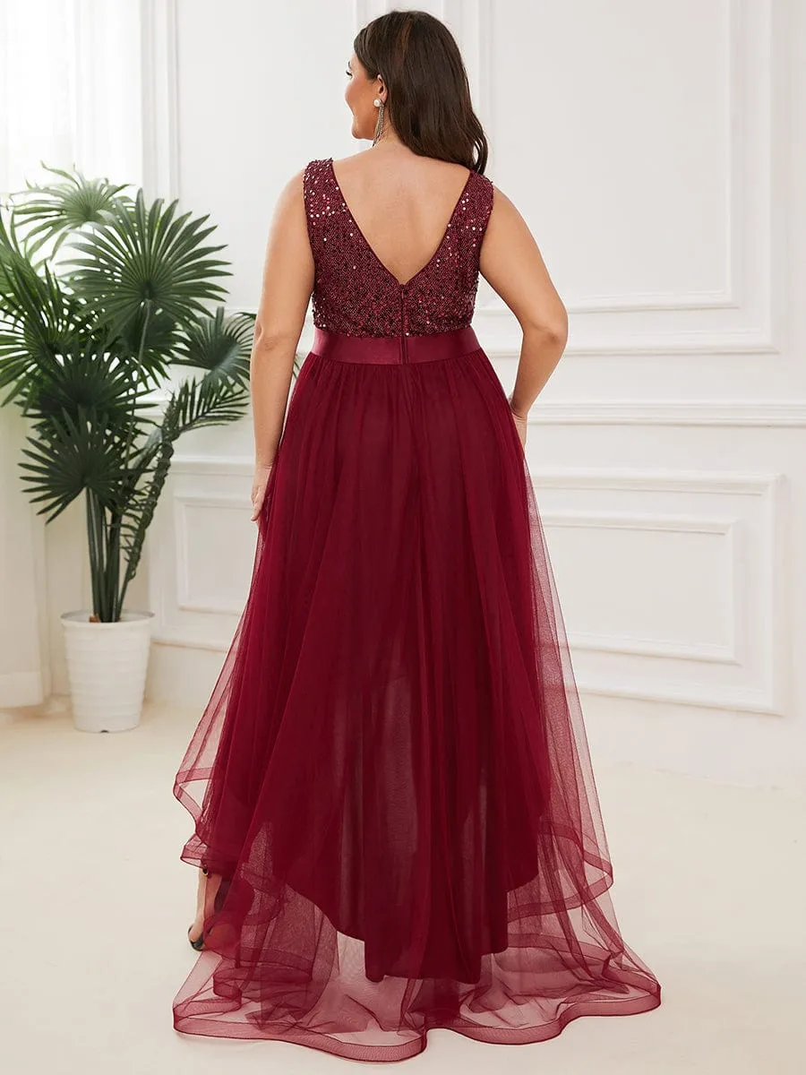pretty CALLIE|Plus Size Sleeveless Sequin Ribbon Waist Tulle High Low Evening Dress sold by Ever Pretty product image thumbnail 5