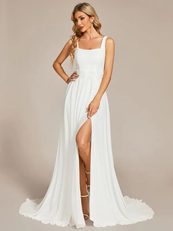 Minimalist Square Neckline High Slit Wedding Dress with Lace Applique sold by Ever Pretty