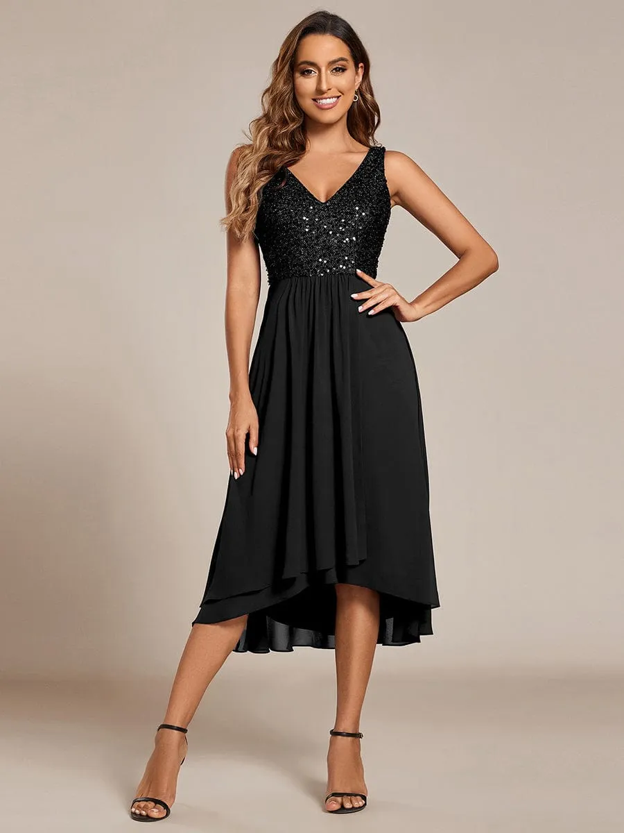 Chic V-Neck Sleeveless Chiffon Wedding Guest Dress with Sequin Bodice sold by Ever Pretty