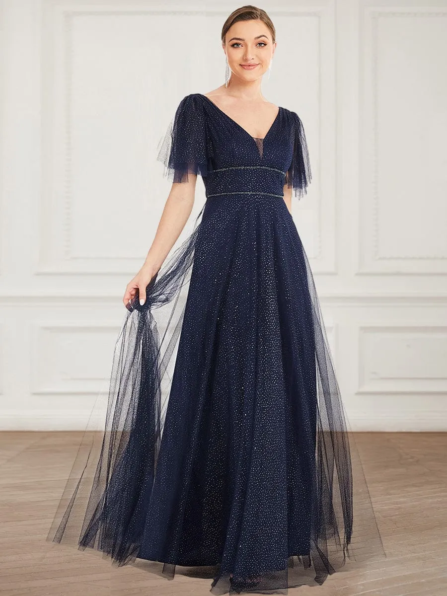 Romantic V Neck Tulle Evening Dress with Ruffle Sleeves sold by Ever Pretty