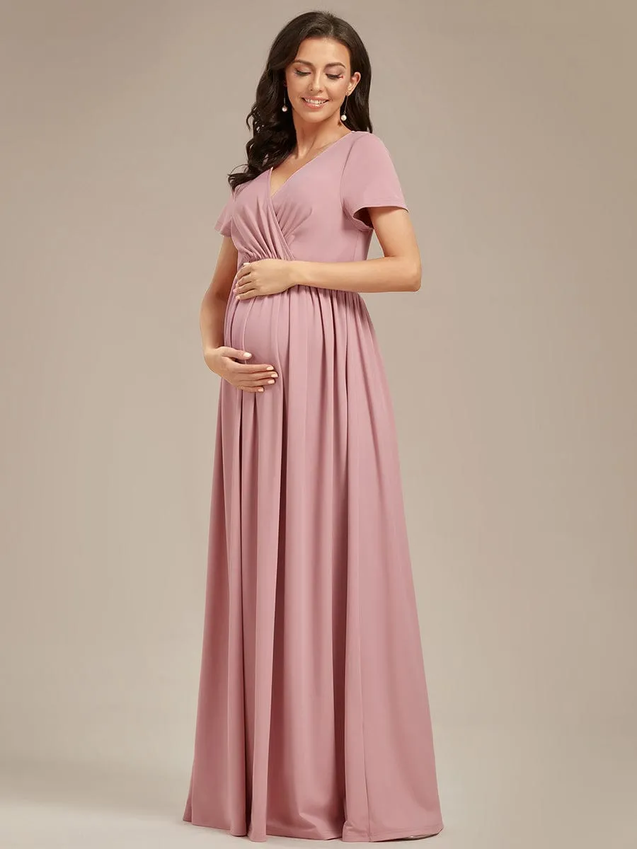 Comfortable Pleated V-Neck Short Sleeve Maternity Dress sold by Ever Pretty