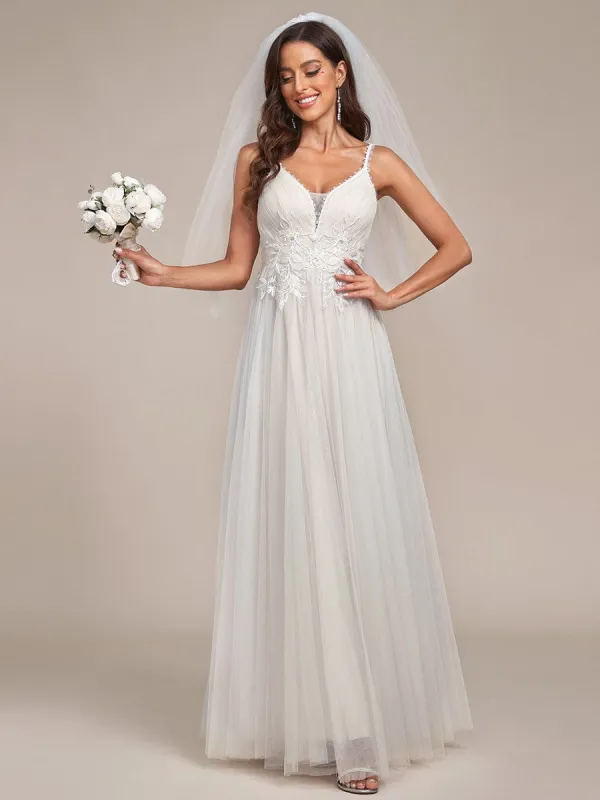 Tulle Floral Spaghetti Strap Illusion V-Neck A-Line Wedding Dress sold by Ever Pretty