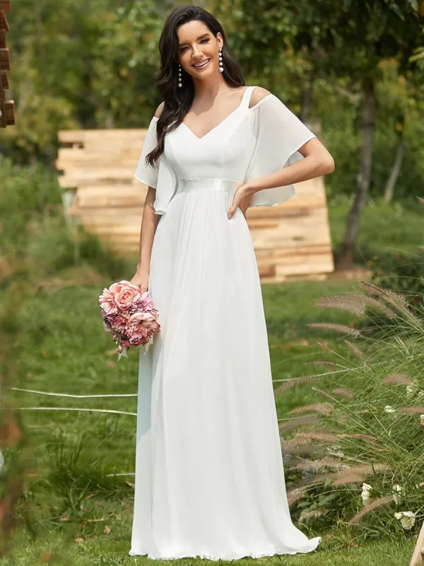 Double V Neck Cold Shoulder Flowy Chiffon Outdoor Wedding Dress sold by Ever Pretty