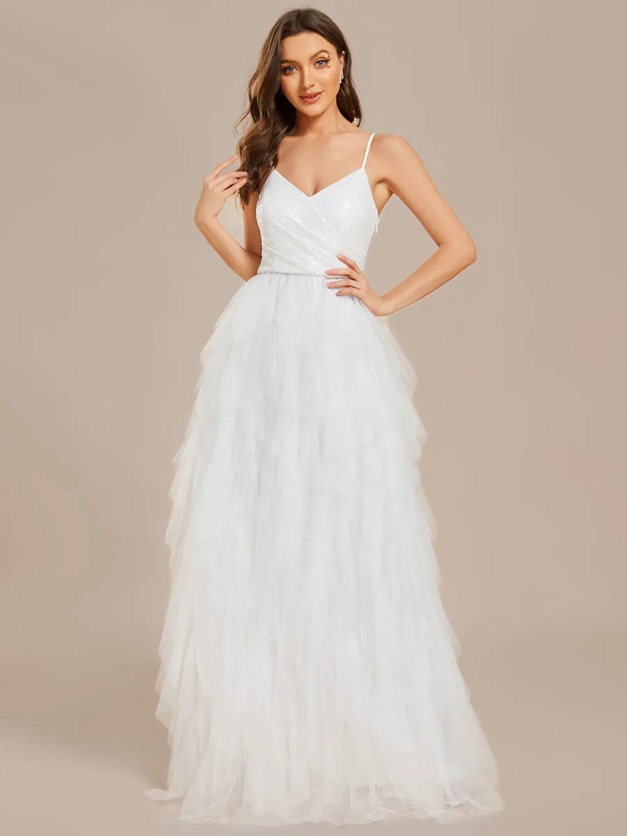 Sparkling V-Neck Spaghetti Straps Tiered Tulle Wedding Dress sold by Ever Pretty product image thumbnail 5