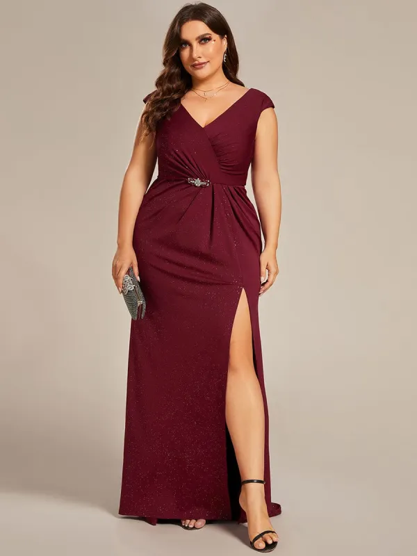Plus Size Elegant V-neck Glitter Sequin Front Slit Mother of the Bride Dress sold by Ever Pretty