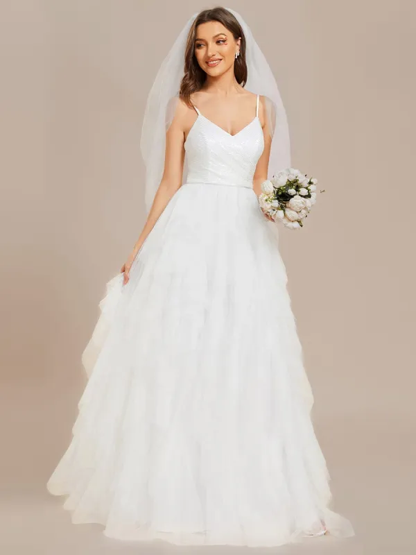 Sparkling V-Neck Spaghetti Straps Tiered Tulle Wedding Dress sold by Ever Pretty