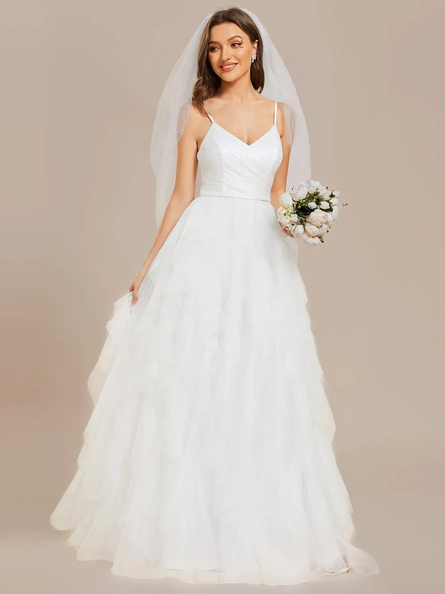 Sparkling V-Neck Spaghetti Straps Tiered Tulle Wedding Dress sold by Ever Pretty