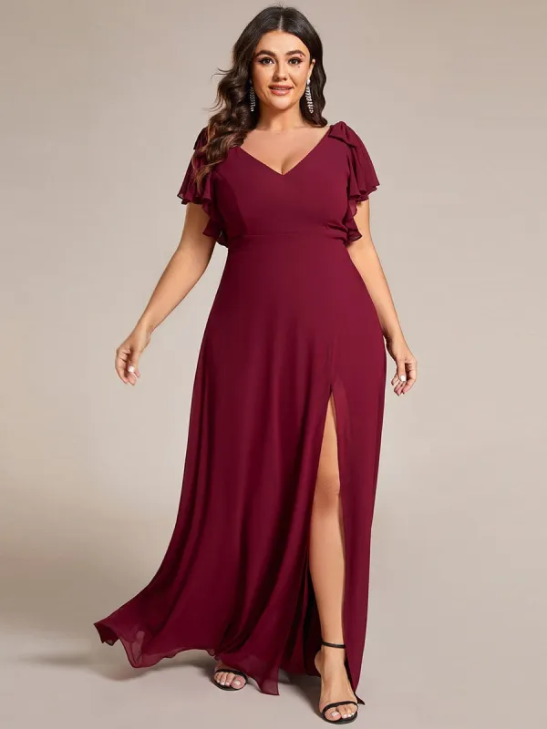 pretty ROSY|Plus Size Split Ruffles Sleeves with Bowknot Double V-neck Chiffon Bridesmaid Dress sold by Ever Pretty