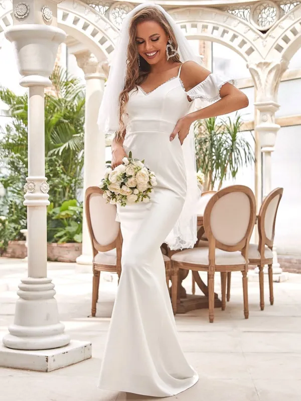 Bodycon Cold Shoulder V-Neck Fishtail Simple Wedding Dress sold by Ever Pretty
