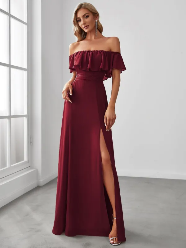 Women's Off Shoulder Ruffle Thigh Slit Bridesmaid Dresses sold by Ever Pretty