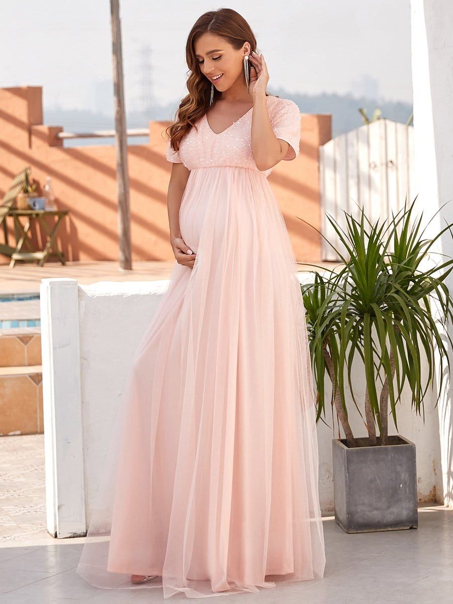 Short Sleeve Sequin Floor-Length Empire Waist Maternity Dress sold by Ever Pretty