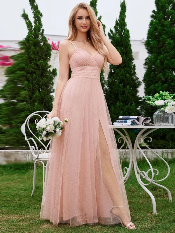 Pleated Lace Pearl Waist High Slit Bridesmaid Dress with V-Neck sold by Ever Pretty