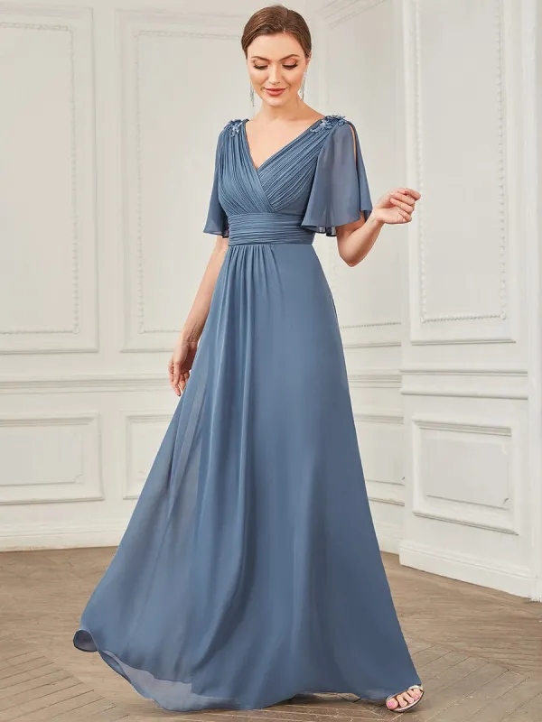 Chiffon Pleated V-Neck Sequin Applique Formal Evening Dress sold by Ever Pretty