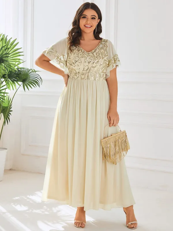 pretty HAZEL|Plus Size V-Neck Short Sleeve Sequin Bodice Mother of the Bride Dress sold by Ever Pretty