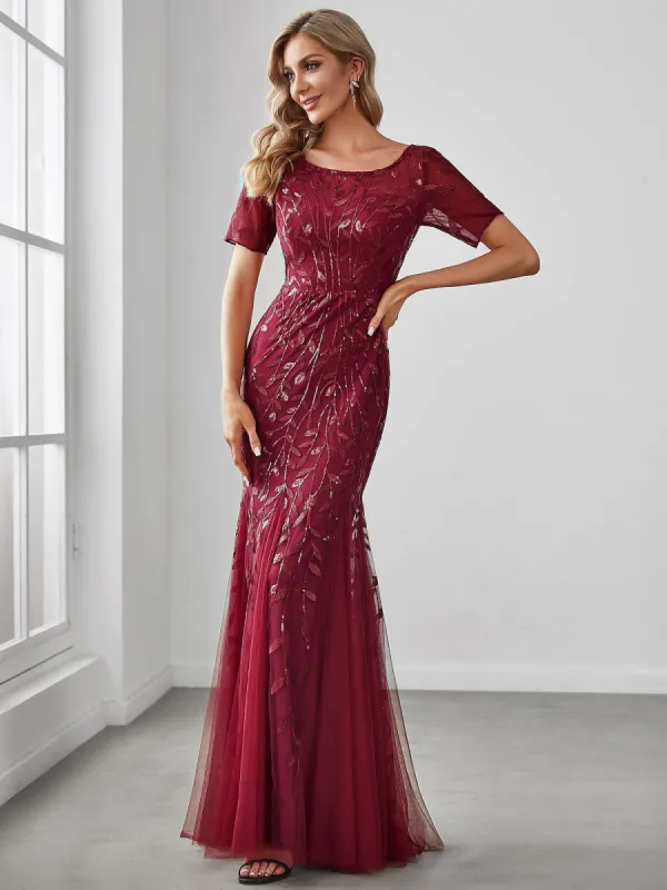 Floral Sequin Print Maxi Long Fishtail Formal Dresses With Half Sleeve sold by Ever Pretty
