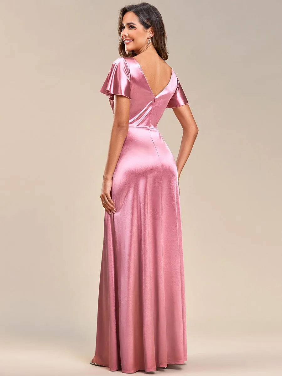 Ruffles Sleeve A-Line Pleated Satin Back V-Neck Evening Dress sold by Ever Pretty product image thumbnail 4