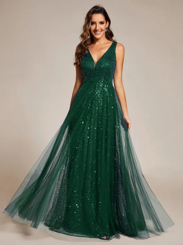 ever HILLARY|V-Neck Sleeveless High-Waist See-Through Sequin Tulle Evening Dress sold by Ever Pretty