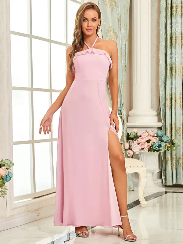 Ruffled Halter A-Line Bridesmaid Dress sold by Ever Pretty